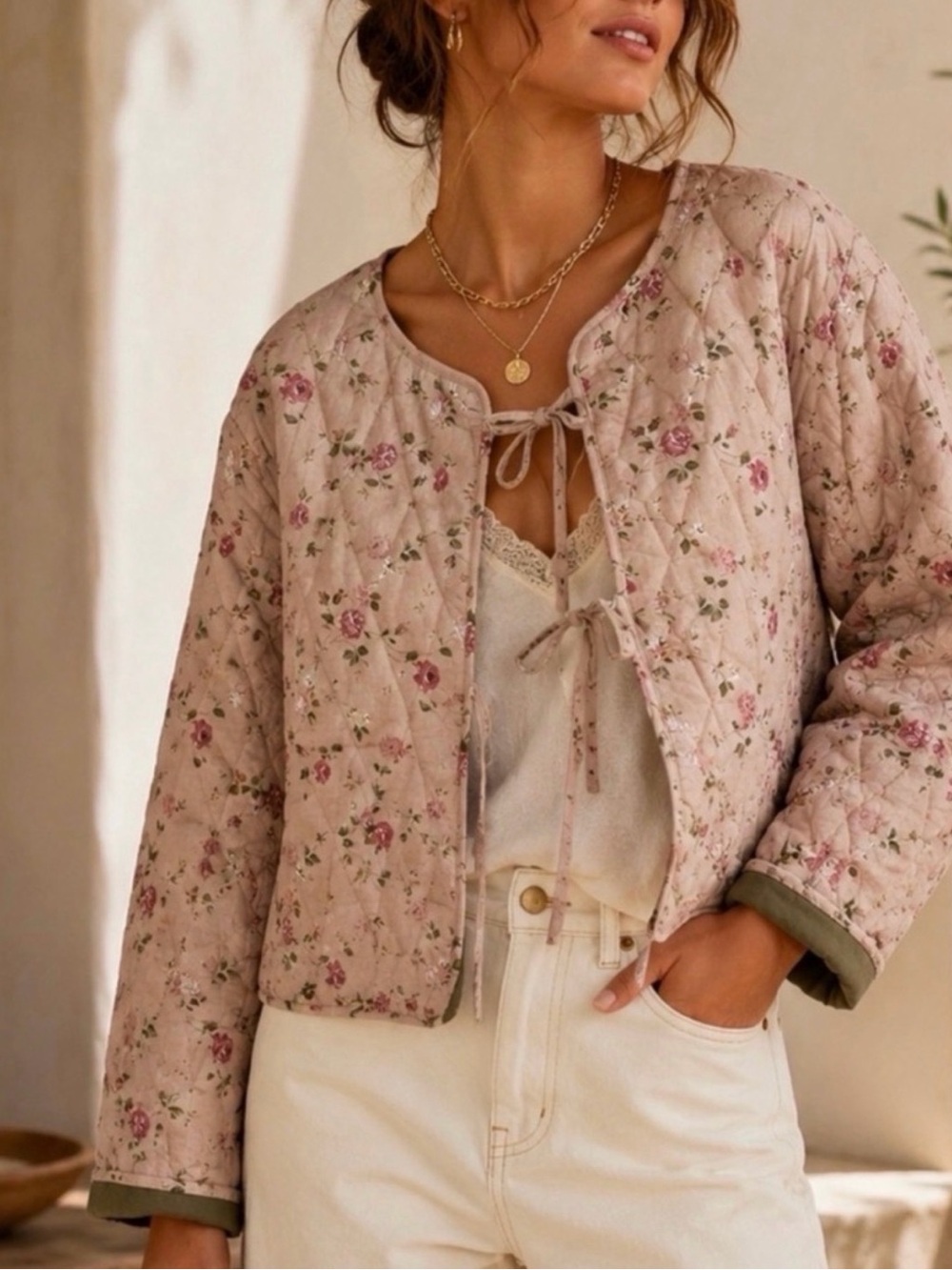 Anthropologie Avec Les Filles Blush Pink Quilted Floral Tie-Front Jacket